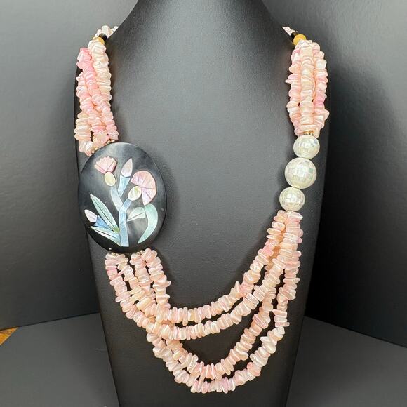 Vintage Lee Sands Floral Shell Inlay Necklace Pink and Black Floral Necklace 28" - Picture 1 of 5